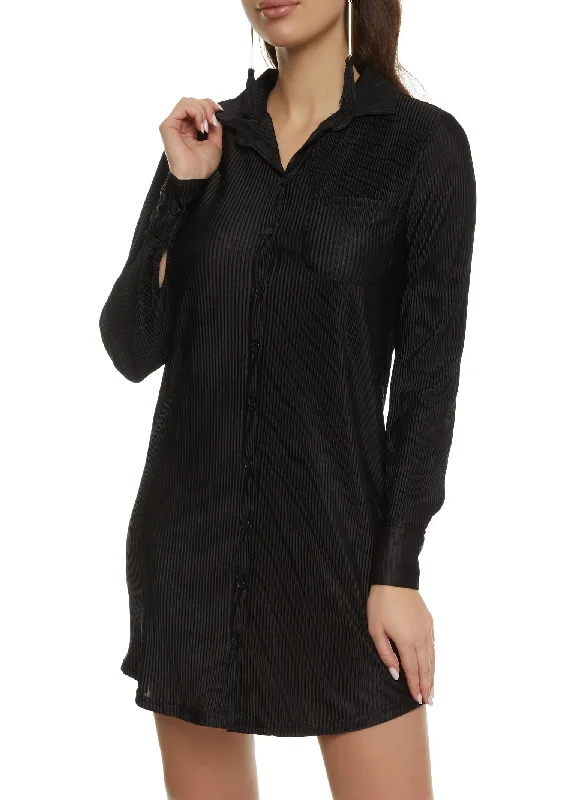 Plisse Long Sleeve Shirt Dress