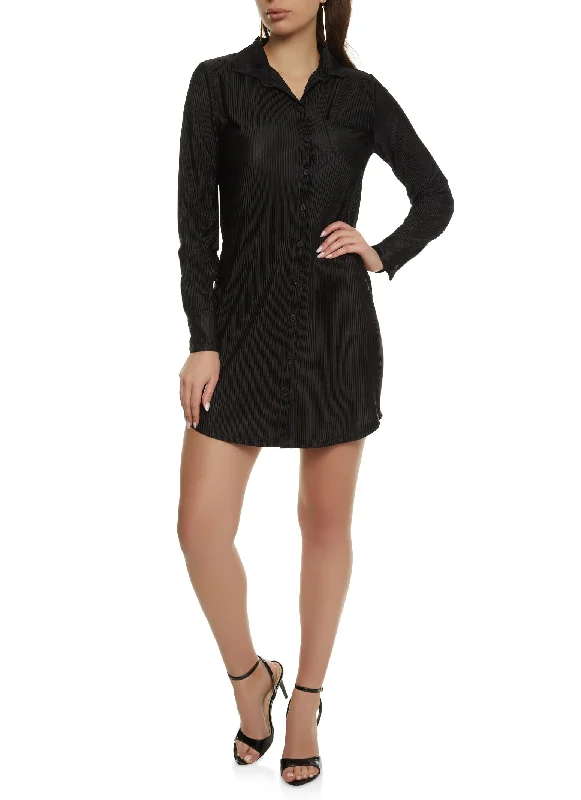 Plisse Long Sleeve Shirt Dress