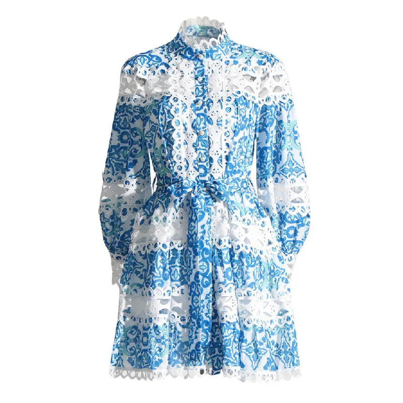 Boho Printed Blouson Sleeve Button Up Belted Cutout Lace Mini Shirt Dress