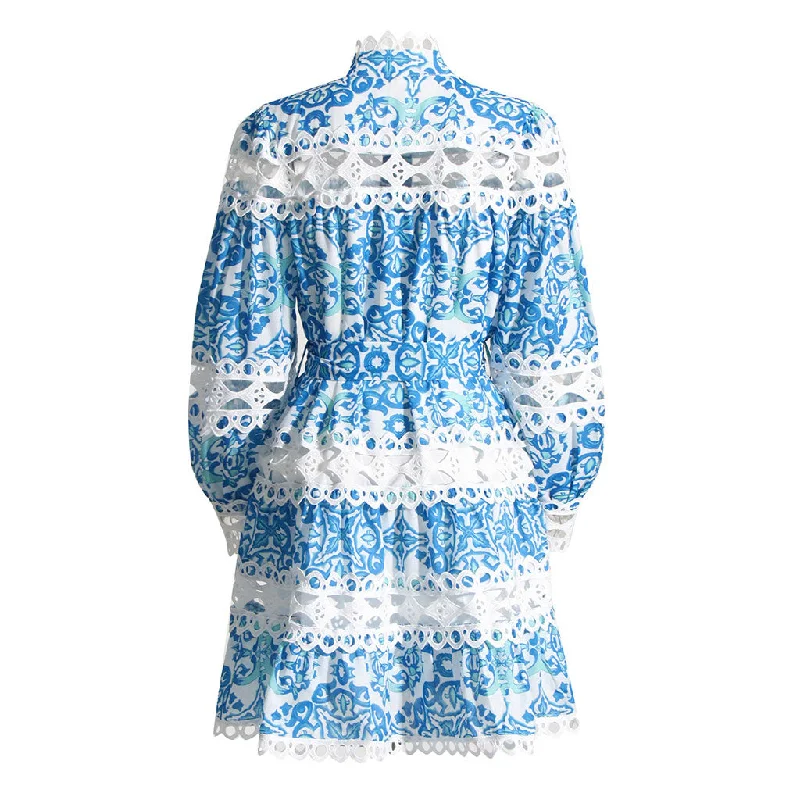 Boho Printed Blouson Sleeve Button Up Belted Cutout Lace Mini Shirt Dress