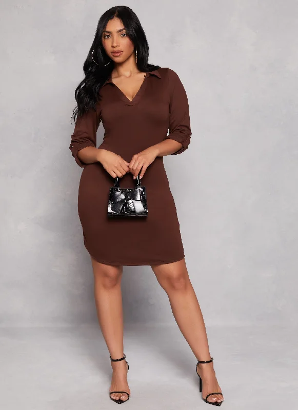 Tabbed Sleeve Collared Shirt Dress