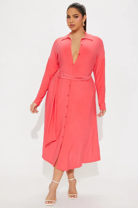 Elena Button Up Midi Dress - Coral