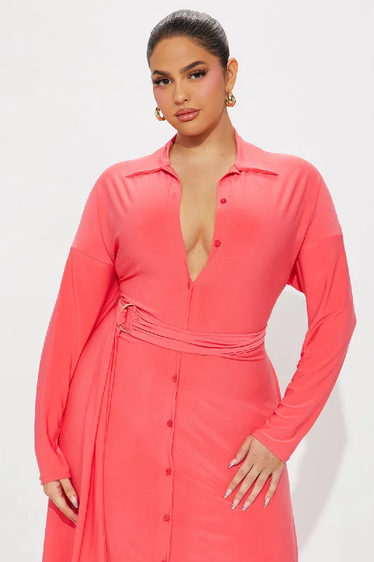 Elena Button Up Midi Dress - Coral