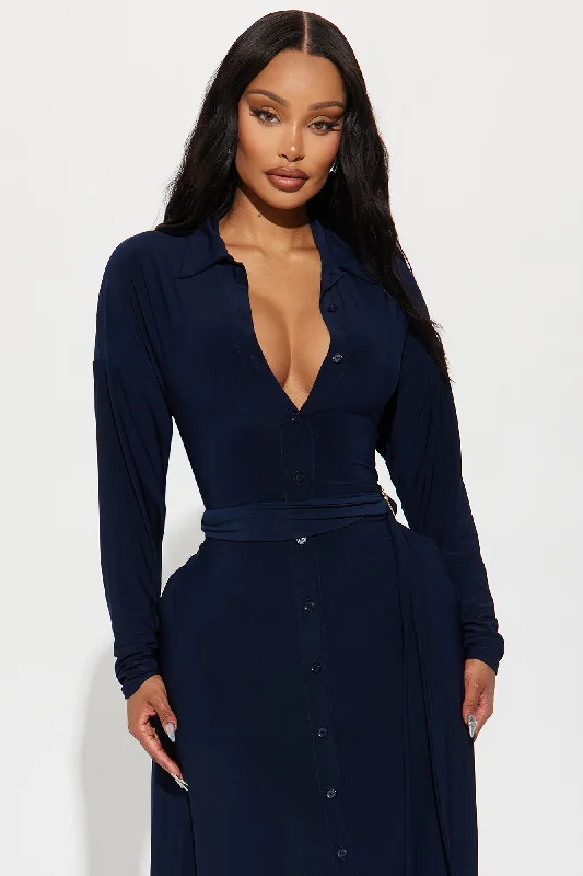 Elena Button Up Midi Dress - Navy