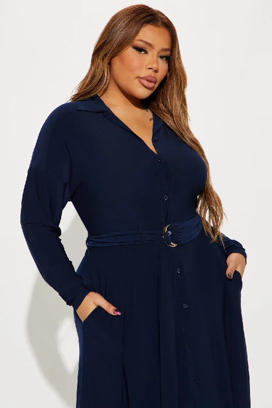 Elena Button Up Midi Dress - Navy