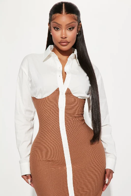 Let's Get Serious Midi Shirt Dress - White/combo