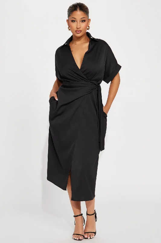 Lucy Midi Wrap Dress - Black