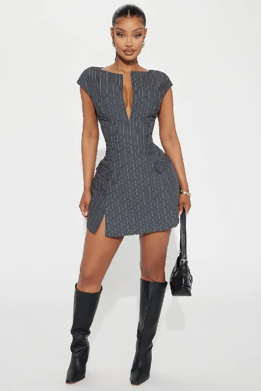 Ms.Confident Pinstripe Mini Dress - Charcoal