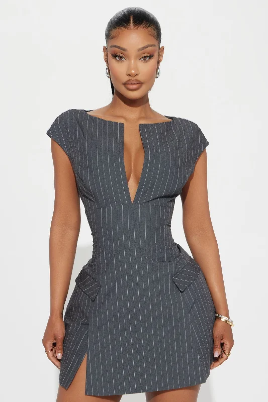 Ms.Confident Pinstripe Mini Dress - Charcoal