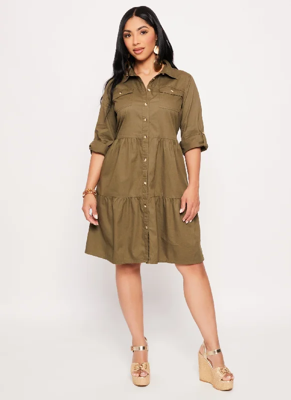 Twill Button Front Tiered Shirt Dress