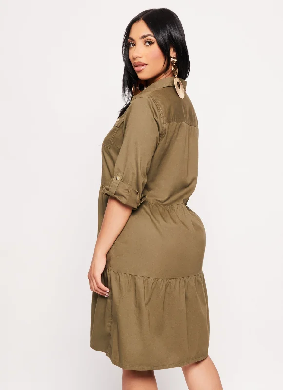 Twill Button Front Tiered Shirt Dress