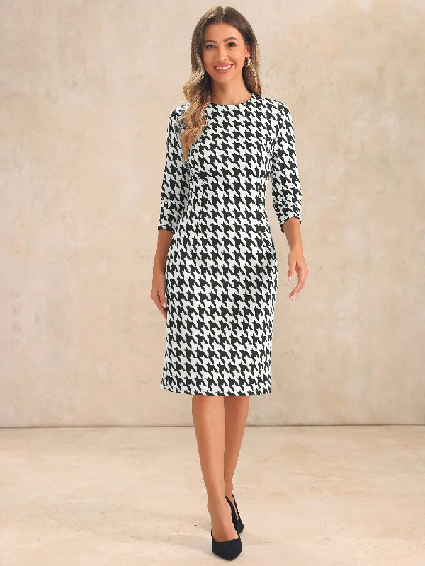 Houndstooth 3/4 Sleeve Elegant Cinched Waist Sheath Dress