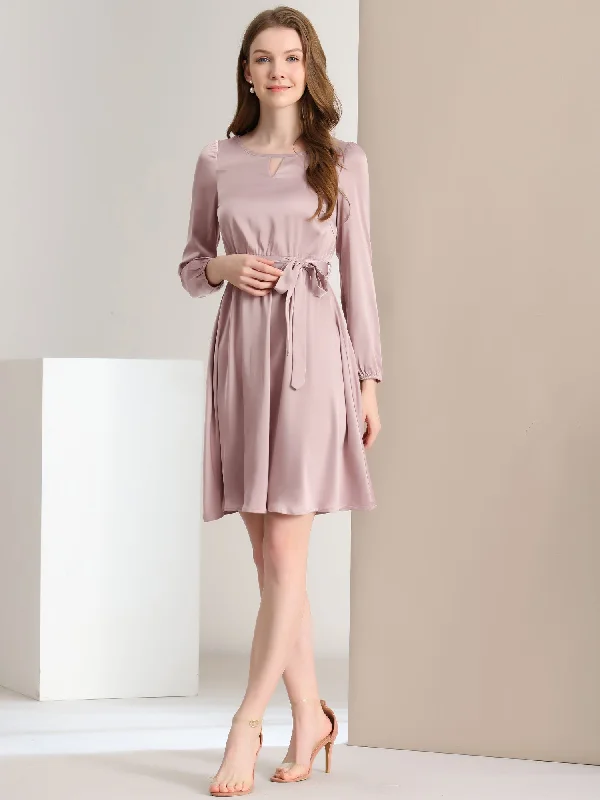 Casual Business Round Neck Keyhole Belted Long Sleeve Satin Dress