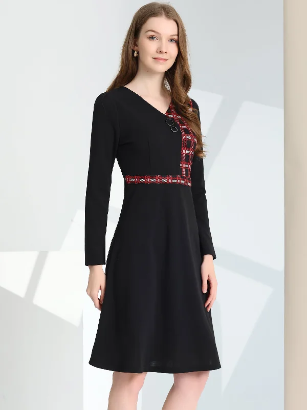 Elegant A-Line Long Sleeve Contrast Color Dress