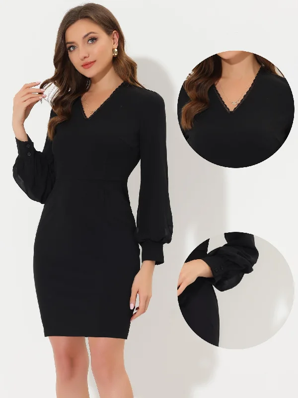 Elegant V Neck Lace Trim Lantern Sleeve Bodycon Sheath Dress