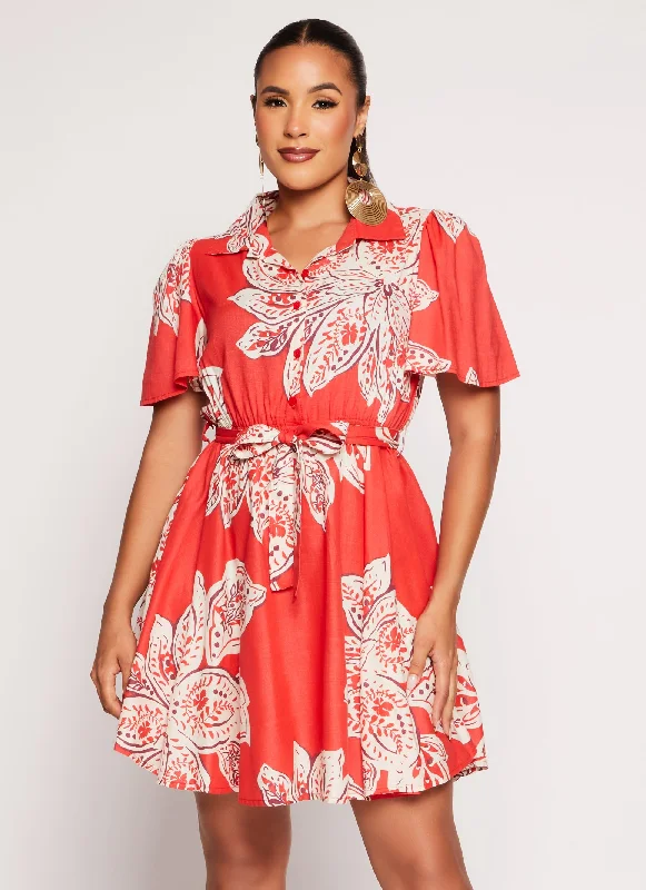 Floral Half Button Front Shirt Dress