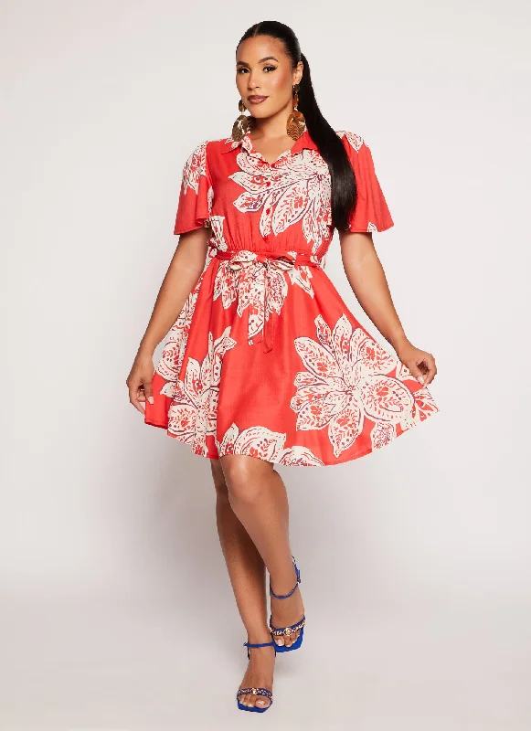 Floral Half Button Front Shirt Dress