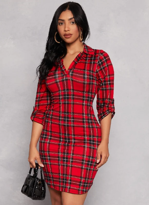 Plaid Soft Knit Collared Shirt Dress