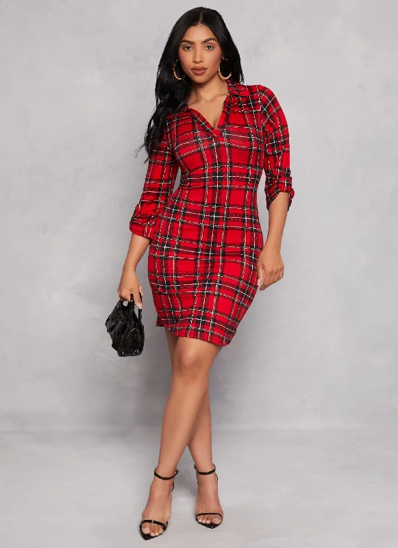 Plaid Soft Knit Collared Shirt Dress