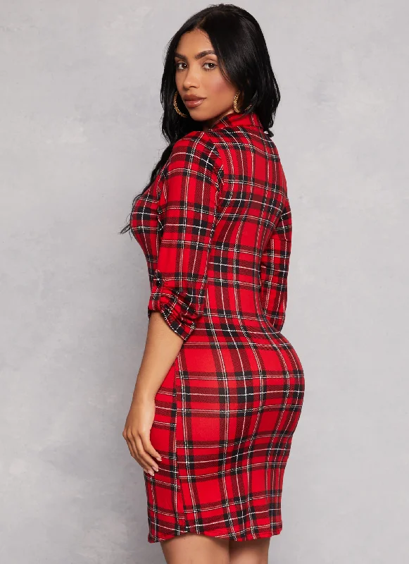 Plaid Soft Knit Collared Shirt Dress