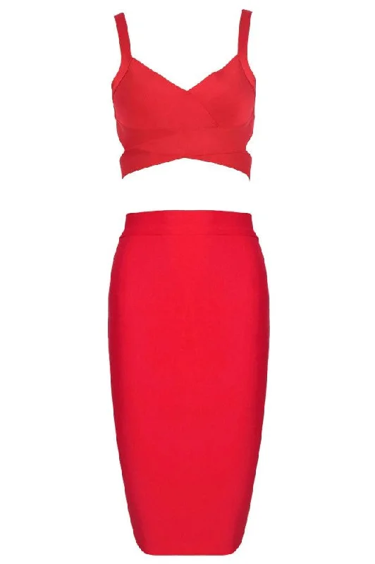 Ang Bandage Top and Knee Length Skirt Set - Lipstick Red