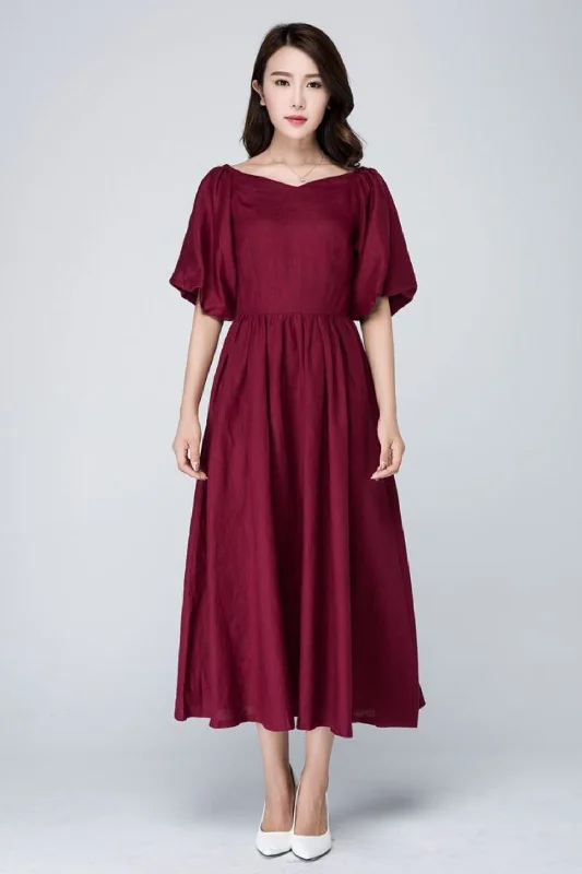 Burgundy midi summer womens linen dress 1573