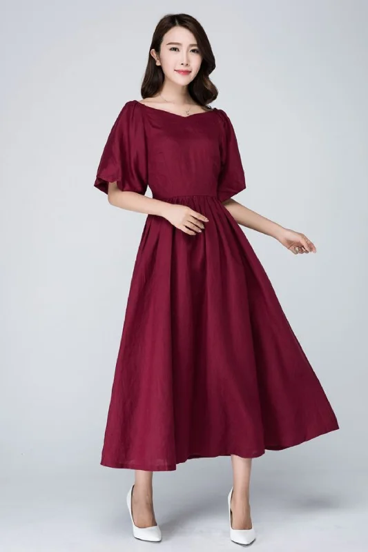 Burgundy midi summer womens linen dress 1573