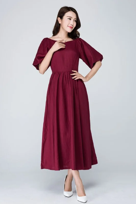 Burgundy midi summer womens linen dress 1573