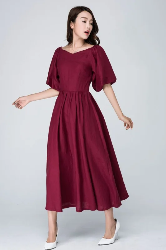 Burgundy midi summer womens linen dress 1573