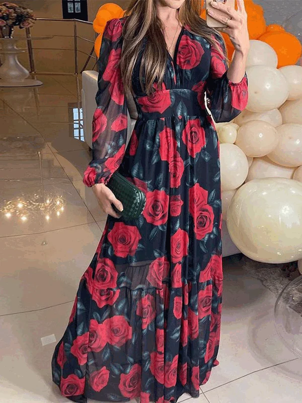 Dresses V-Neck Rose Print Long Sleeve Chiffon Dress for Women