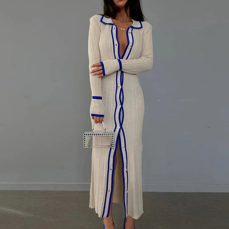 GX5636 Boutique Color Patchwork Slim Cardigan Casual Dress Women Turn Down Collar Long Sleeve Single Breasted Sexy Maxi Dresses