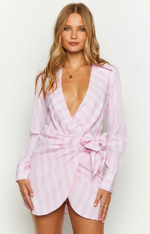 Holly Pink Stripe Tie Up Shirt Mini Dress