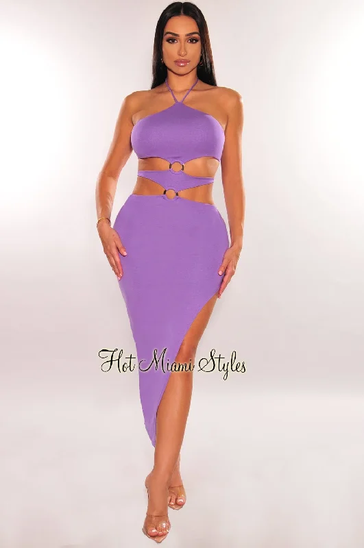 Lavender Halter Cut Out O-Ring Tie Up Slit Dress