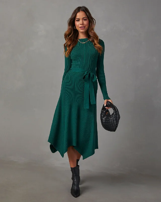 Lia Asymmetrical Hem Tie Waist Midi Sweater Dress