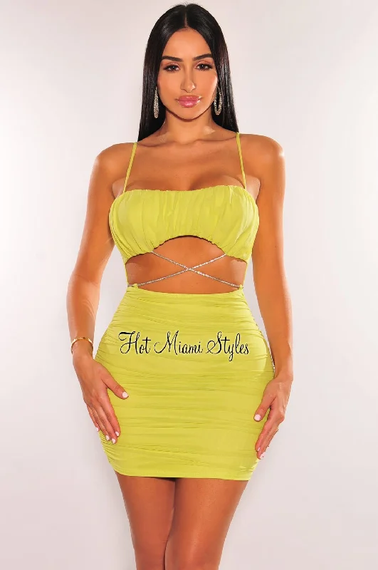 Lime Mesh Padded Spaghetti Strap Ruched Cut Out Wrap Around Rhinestone Dress