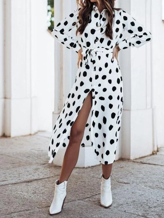 Long Sleeve Button Polka Dot Print Shirt Dress