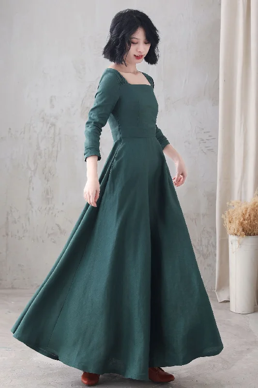 Long sleeve Linen Maxi dress with pocket 3285