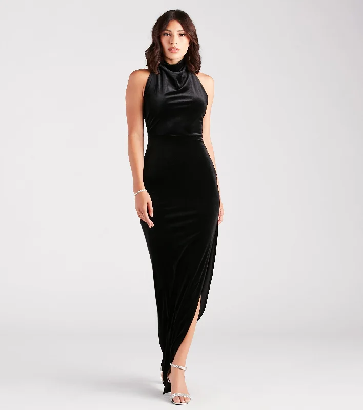 Mildred Formal Velvet Halter Slit Long Dress