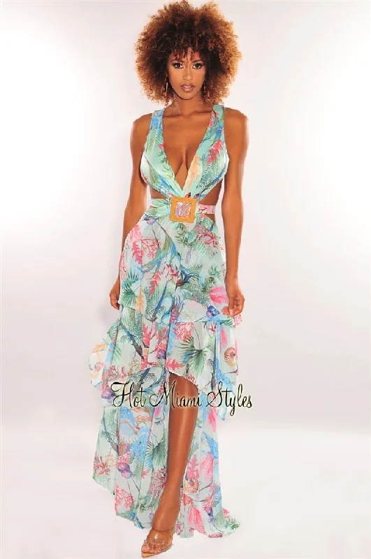 Mint Multi Color Print Cut Out Lace Up Back Belted Slit Maxi Dress