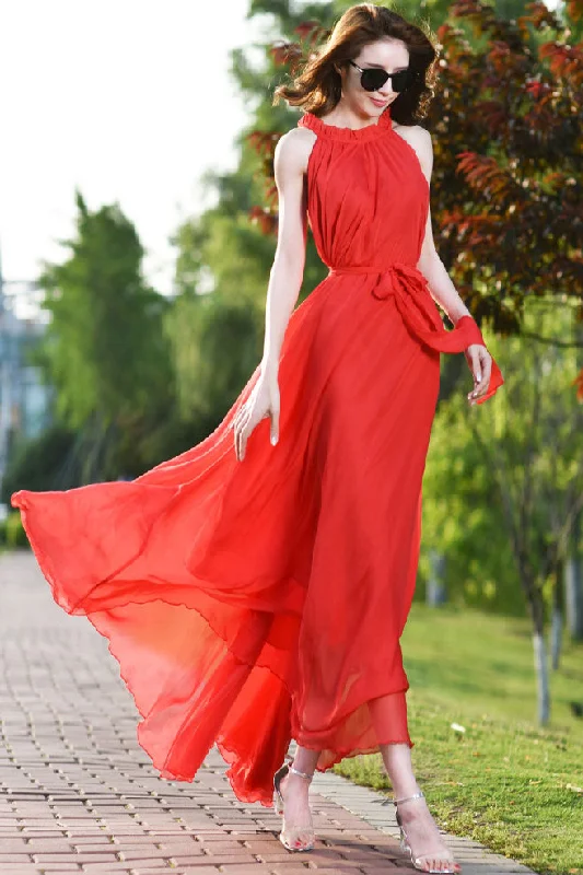 Red Halter Maxi Swing Chiffon Dress 2923