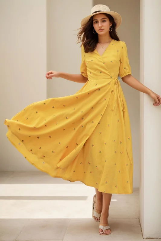 Short sleeve floral Linen midi summer dress 5118