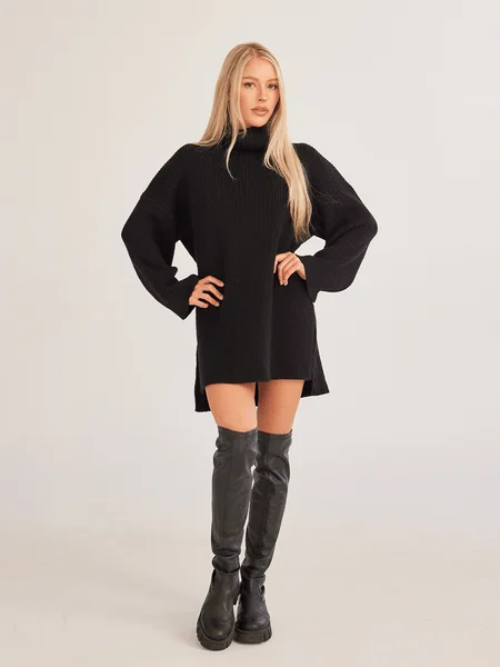 Turtleneck Side Slit Tunic Sweater