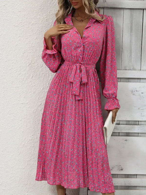 Women's Dresses Pleated Tie Long Sleeve Print Dress