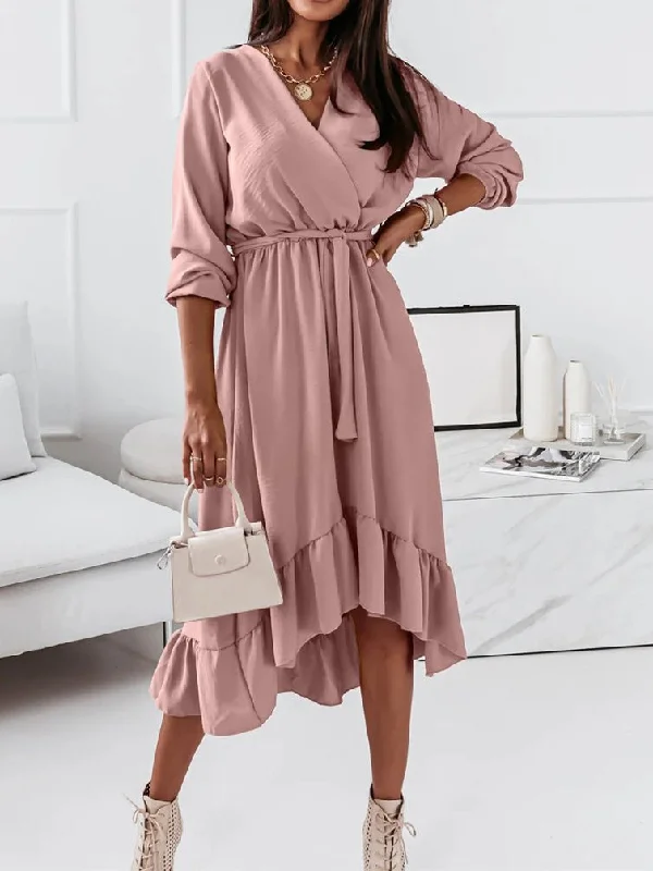 Women's Dresses Solid Tie Long Sleeve Ruffle Dress