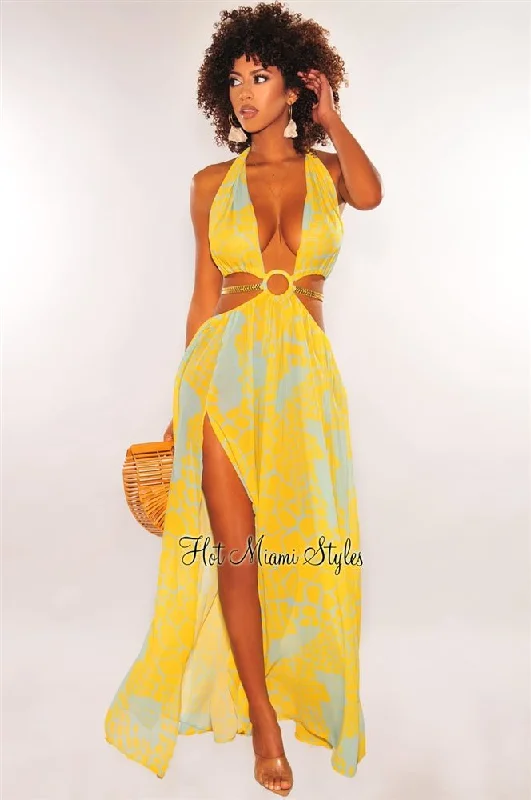 Yellow Print O-Ring Cut Out Gold Belted Double Slit Maxi Dress