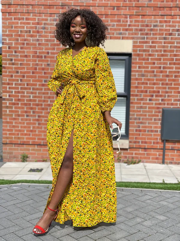 Ainsley Ankara Maxi Dress|Yellow African Floral Print