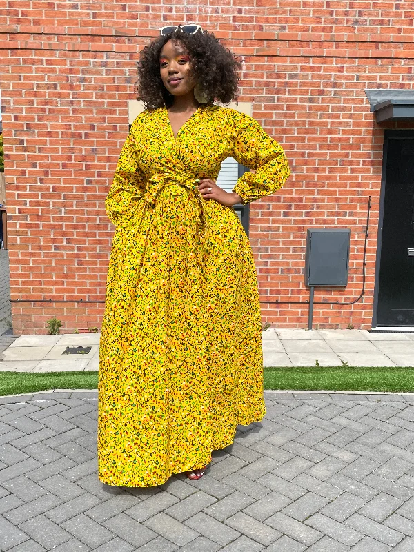 Ainsley Ankara Maxi Dress|Yellow African Floral Print