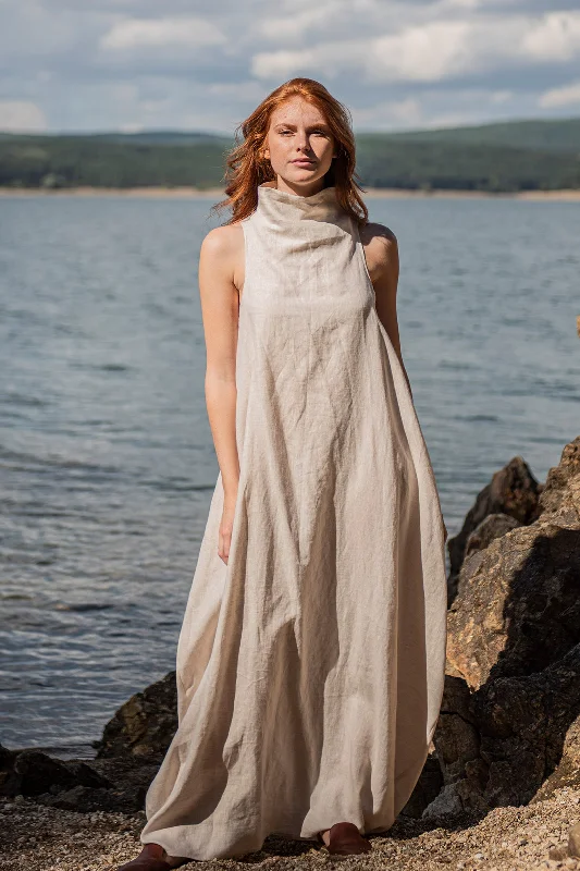 Cowl Neck Linen Dress in Natural