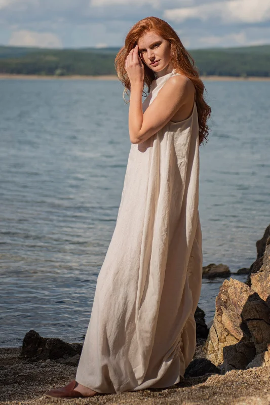 Cowl Neck Linen Dress in Natural