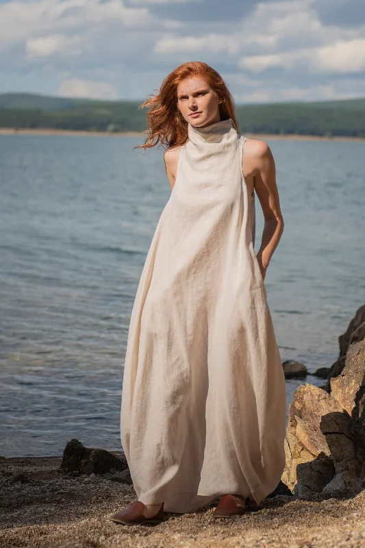 Cowl Neck Linen Dress in Natural